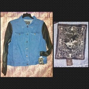 Beverly Hills Polo Club Med Blue Colorblock Denim Jacket W/Faux Leather Slvs 2X